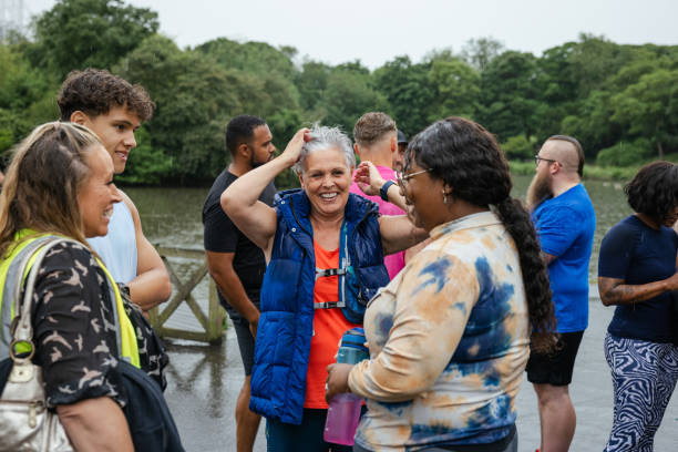 Club members chatting during a group walking challenge